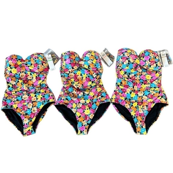 🆕 Pink & Yellow Floral Strapless / Halter One-Piece - Picture 3 of 7